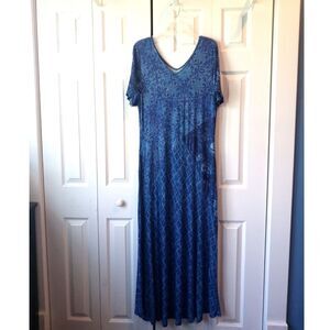 Soft Surroundings Size LARGE Mosaic Maxi Dress Blue Batik Knit V-Neck